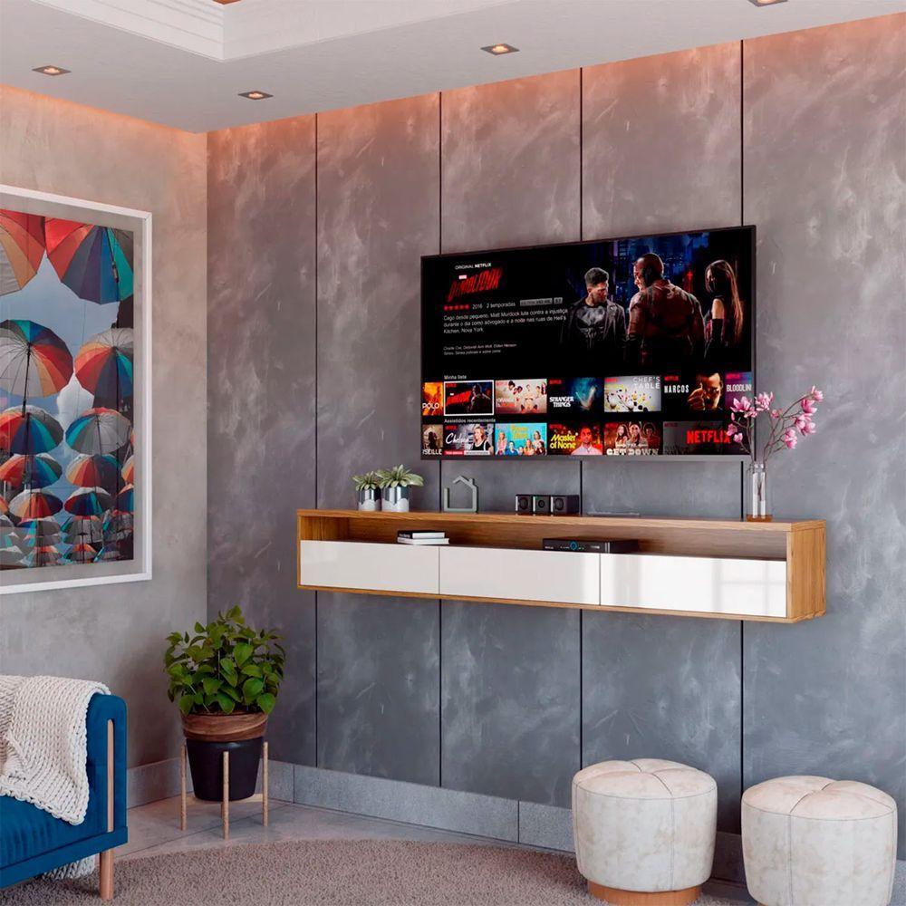 Rack Suspenso Pequeno De Parede Para Sala De Tv Ou Quarto Life 1.12 - Off White Com Freijo - Moveisaqui - 2