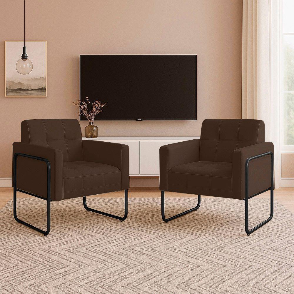 Poltrona Sala Industrial Alta Tubo Preto Kit 2 Elisa Suede Marrom D03 - D'rossi - 1