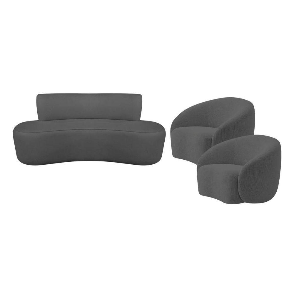 Kit Recamier Curvo Amsterdã 160cm E 2 Poltronas Amore Luxo Linho Cor Cinza Escuro - 2
