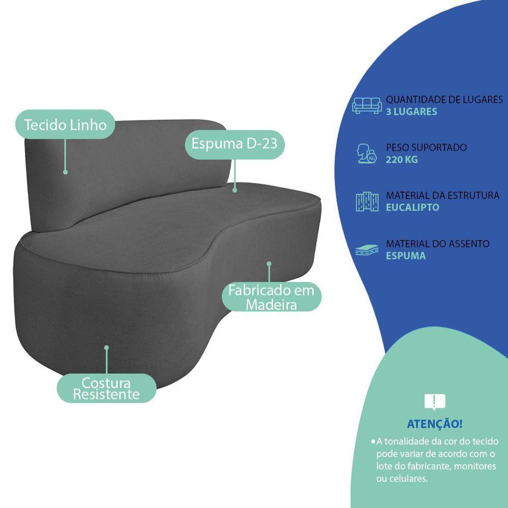 Kit Recamier Curvo Amsterdã 160cm E 2 Poltronas Amore Luxo Linho Cor Cinza Escuro - 4