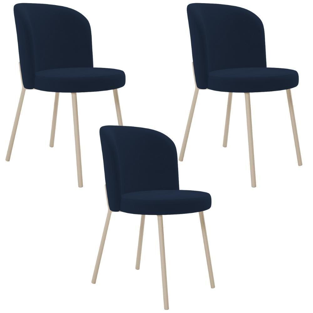 Kit 03 Cadeiras Para Sala De Jantar Cozinha Estofada Gavi Arena L02 Suede Azul Marinho - Lyam Decor - 1