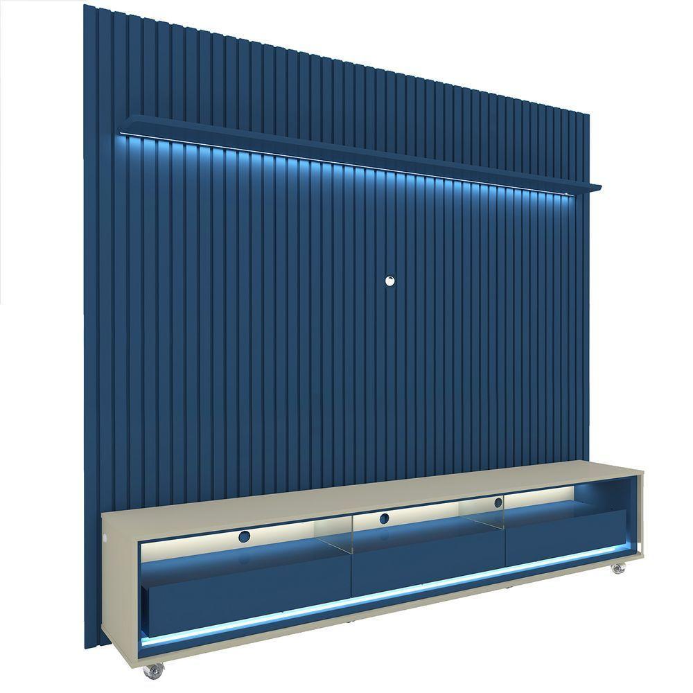 Rack Com Painel Ripado Com Led E Rodizios Nobre 2.3 Azul Royal Com Off White - Gelius Móveis - 1