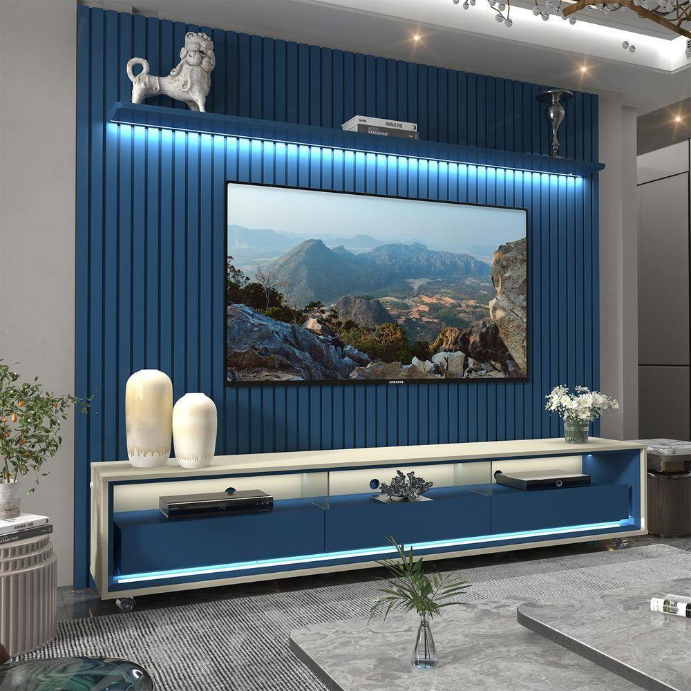 Rack Com Painel Ripado Com Led E Rodizios Nobre 2.3 Azul Royal Com Off White - Gelius Móveis - 4