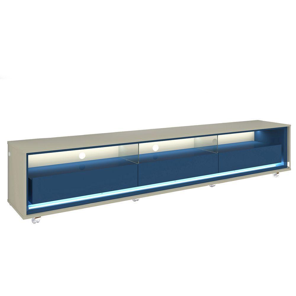 Rack Com Painel Ripado Com Led E Rodizios Nobre 2.3 Azul Royal Com Off White - Gelius Móveis - 6