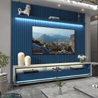 Rack Com Painel Ripado Com Led E Rodizios Nobre 2.3 Azul Royal Com Off White - Gelius Móveis