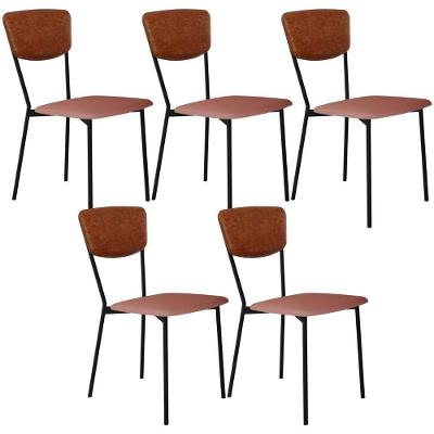 Kit 05 Cadeira Para Sala De Jantar Village Preto C01 Linho Rosê Courino Caramelo - Lyam Decor