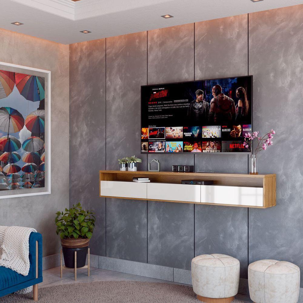 Rack Suspenso Para Tv Life 1.36 Off White Com Freijó - Móveisaqui - 2