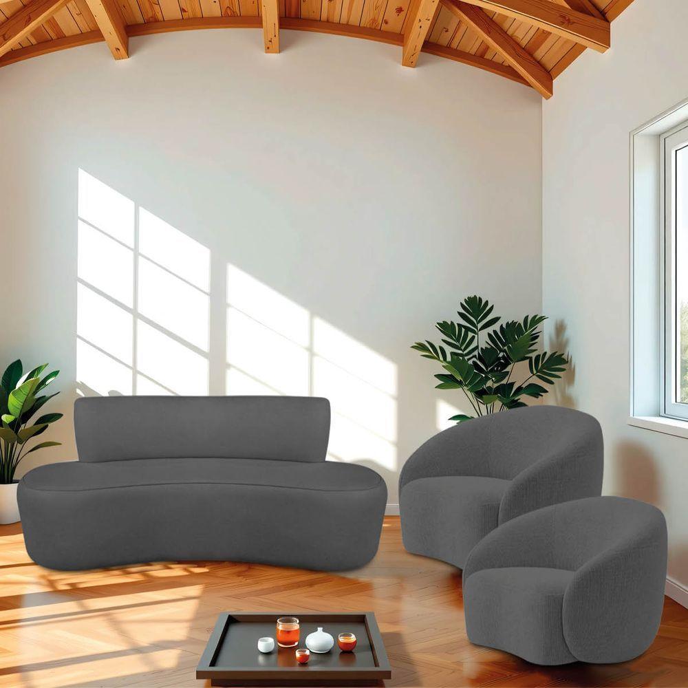 Kit Recamier Curvo Amsterdã 140cm E 2 Poltronas Amore Luxo Linho Cor Cinza Escuro - 1