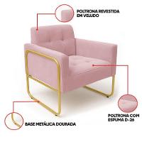 Poltrona Sala Industrial Alta Tubo Dourado Elisa Veludo Rosê D03 - D'rossi - 3