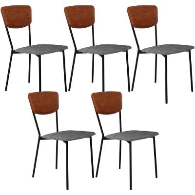 Kit 05 Cadeira Para Sala De Jantar Village Preto C01 Linho Prata Courino Caramelo - Lyam Decor