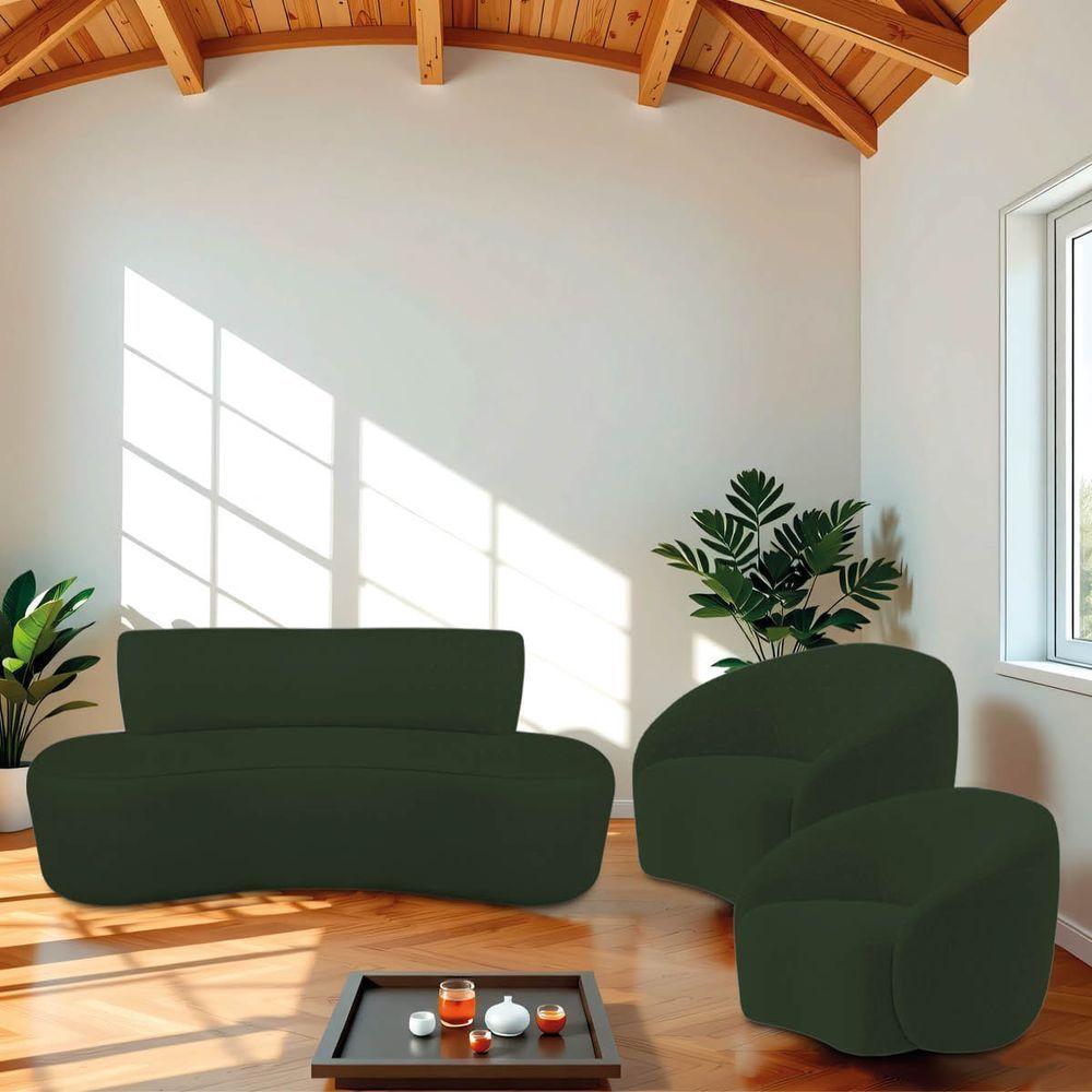 Kit Recamier Curvo Amsterdã 160cm E 2 Poltronas Amore Luxo Linho Cor Verde - 1