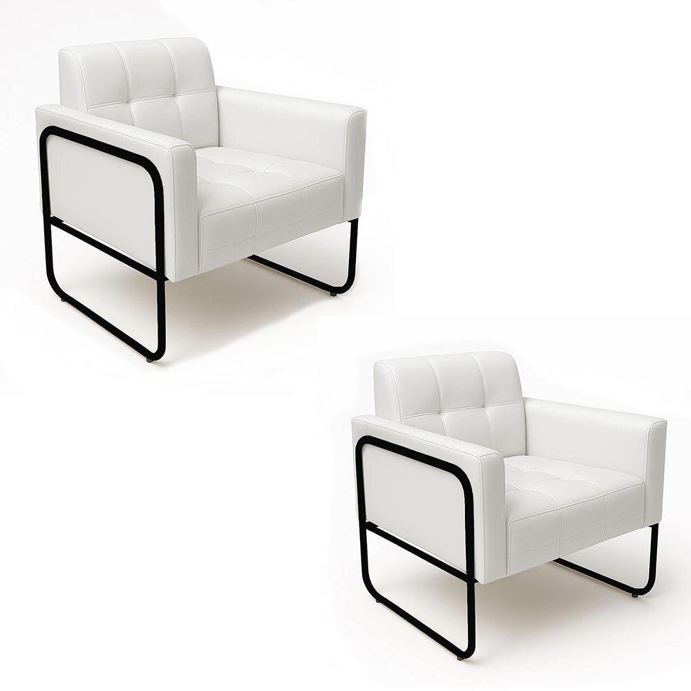 Poltrona Sala Industrial Alta Tubo Preto Kit 2 Elisa Sintético Branco D03 - D'rossi - 2