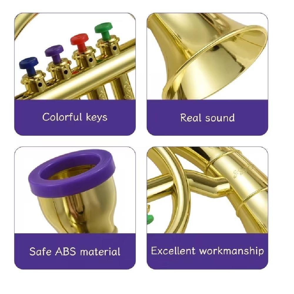 Mini Trompete Infantil Acústico Instrumento Musical Criança 4 Botões Brinquedo Iniciantes - 4