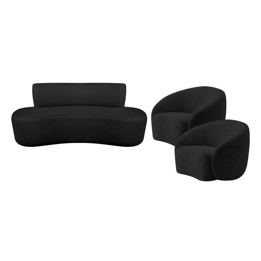 Kit Recamier Curvo Amsterdã 140cm E 2 Poltronas Amore Luxo Linho Cor Preto - 2