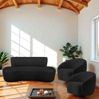 Kit Recamier Curvo Amsterdã 140cm E 2 Poltronas Amore Luxo Linho Cor Preto - 1