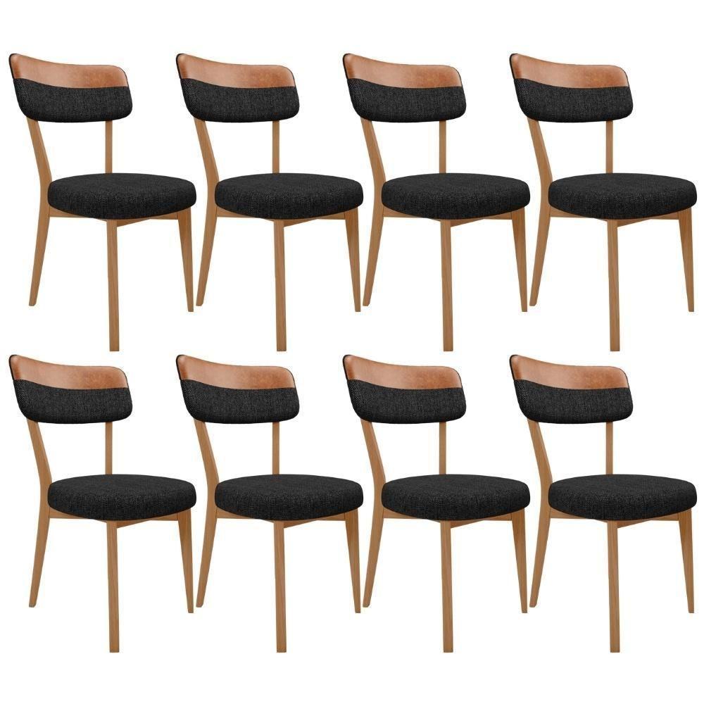 Kit 08 Cadeiras Decorativa Estofada Sala Base Madeira Roy L02 Couríssimo Camel Linho Chumbo - Lyam - 1