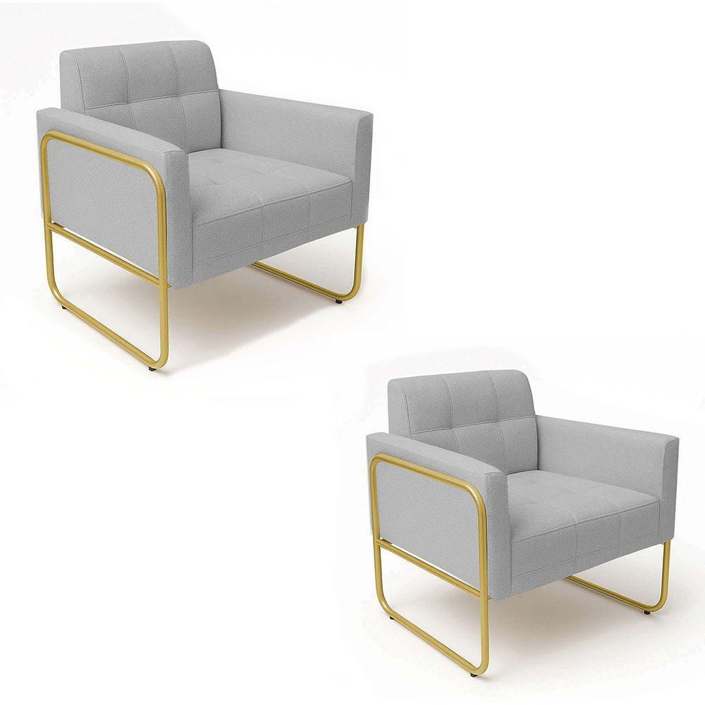 Poltrona Sala Industrial Alta Tubo Dourado Kit 2 Elisa Linho Cinza D03 - D'rossi - 2