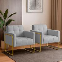 Poltrona Sala Industrial Alta Tubo Dourado Kit 2 Elisa Linho Cinza D03 - D'rossi - 1