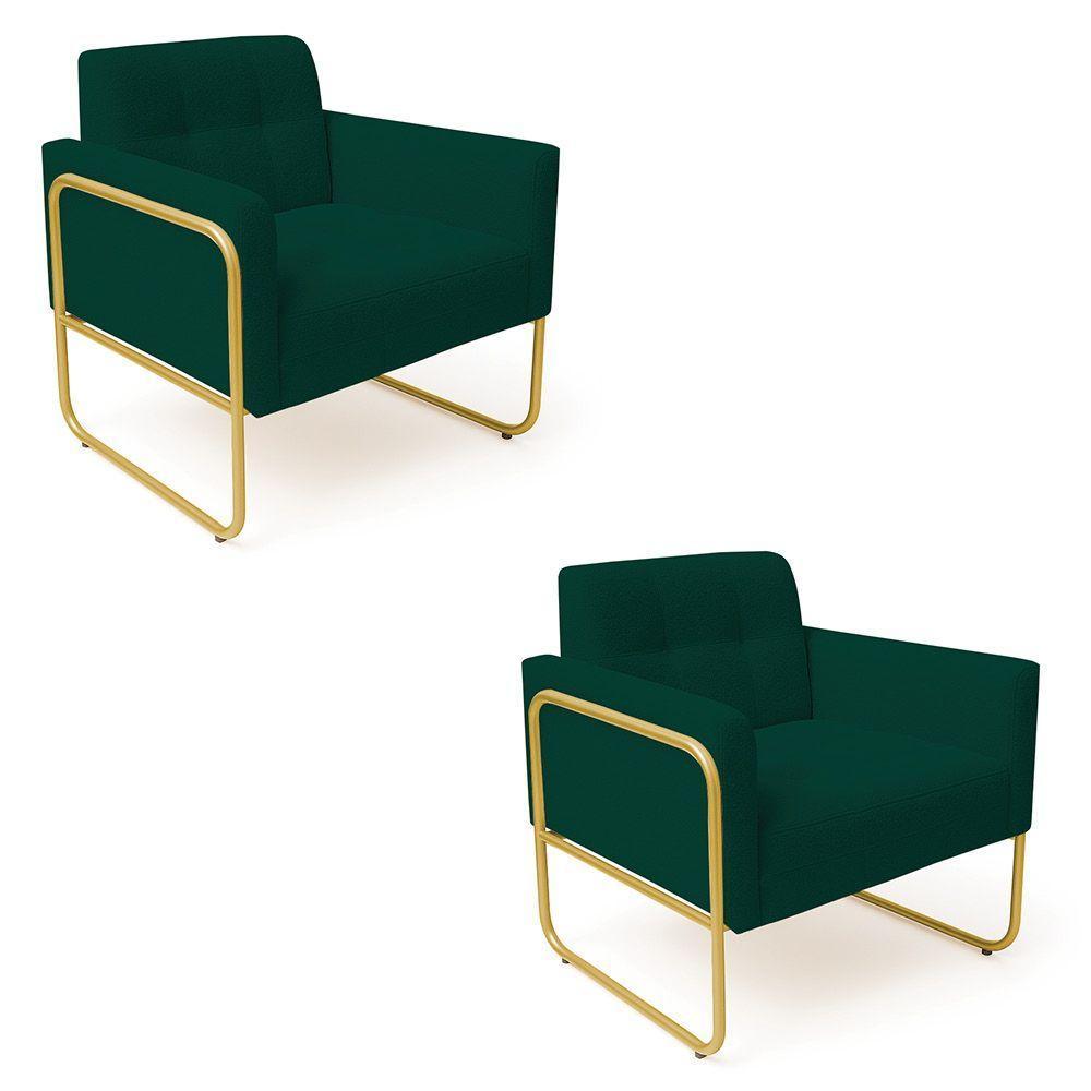 Poltrona Sala Industrial Alta Tubo Dourado Kit 2 Elisa Bouclê D03 - D'rossi Cor Verde - 2
