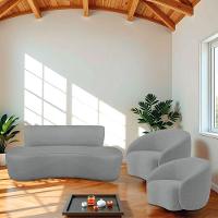 Kit Recamier Curvo Amsterdã 180cm E 2 Poltronas Amore Luxo Bouclé Cor Cinza - 1