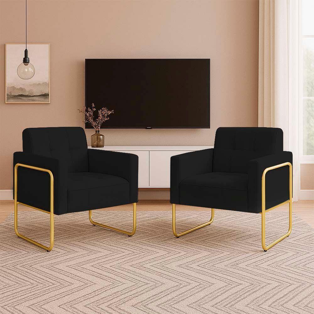 Poltrona Sala Industrial Alta Tubo Dourado Kit 2 Elisa Suede D03 - D'rossi Cor Preto - 1