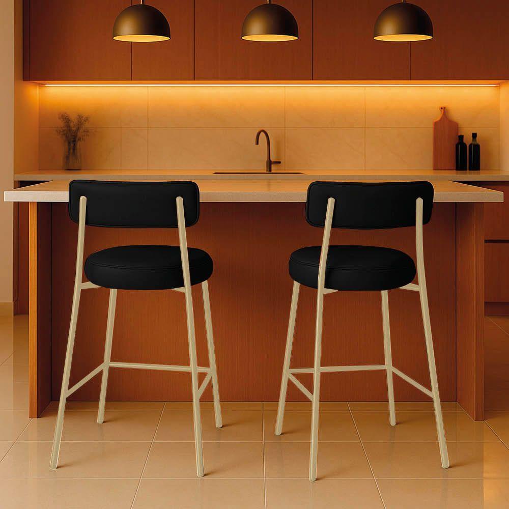Banqueta Cozinha Alta Com Encosto Industrial Champanhe Kit 2 Londres Pu D03 - D'rossi Cor Preto - 1