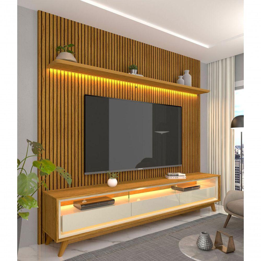 Rack Com Painel Requinte Retrô 2.2 Ripado 3d Com Led Requinte Naturale Com Off White - Gelius Móveis - 2