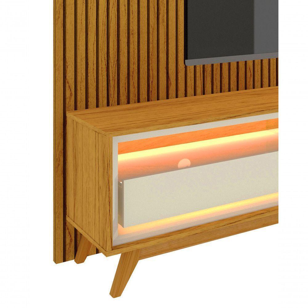 Rack Com Painel Requinte Retrô 2.2 Ripado 3d Com Led Requinte Naturale Com Off White - Gelius Móveis - 4