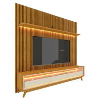 Rack Com Painel Requinte Retrô 2.2 Ripado 3d Com Led Requinte Naturale Com Off White - Gelius Móveis - 1