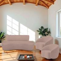 Kit Recamier Curvo Amsterdã 120cm E 2 Poltronas Amore Luxo Linho Cor Rosê - 1