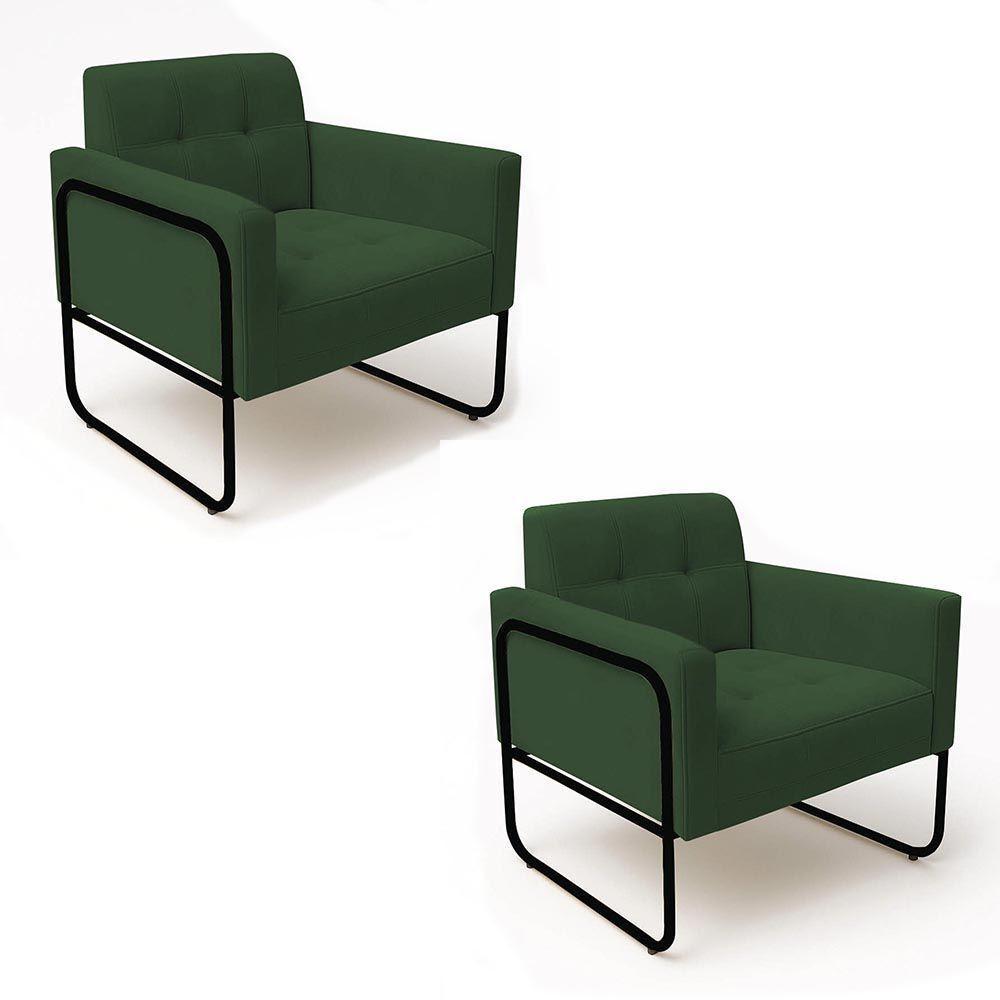 Poltrona Sala Industrial Alta Tubo Preto Kit 2 Elisa Suede Verde D03 - D'rossi - 2