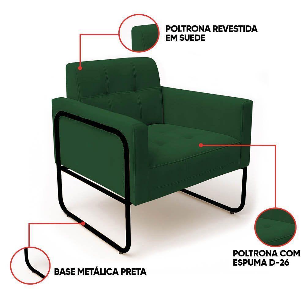 Poltrona Sala Industrial Alta Tubo Preto Kit 2 Elisa Suede Verde D03 - D'rossi - 3