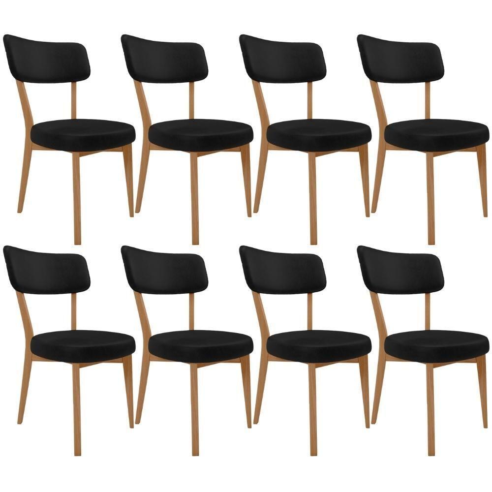 Kit 08 Cadeiras Decorativa Estofada Sala De Jantar Base Madeira Roy L02 Couríssimo Preto - Lyam - 1
