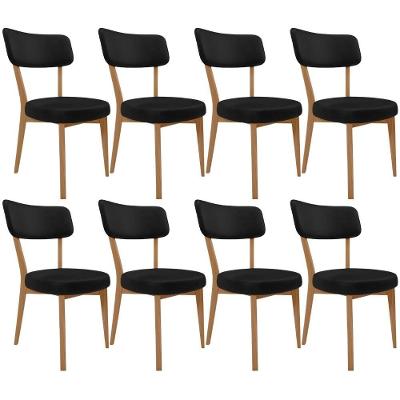 Kit 08 Cadeiras Decorativa Estofada Sala De Jantar Base Madeira Roy L02 Couríssimo Preto - Lyam