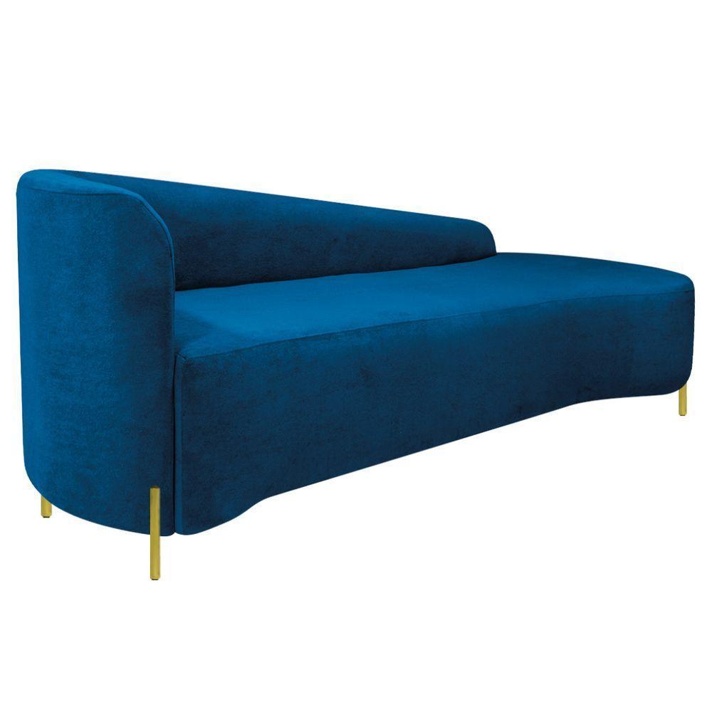 Divã Recamier Orgânico França 220cm Lado Dir Pés Metal Dourado Linho Cor Azul Royal - 3