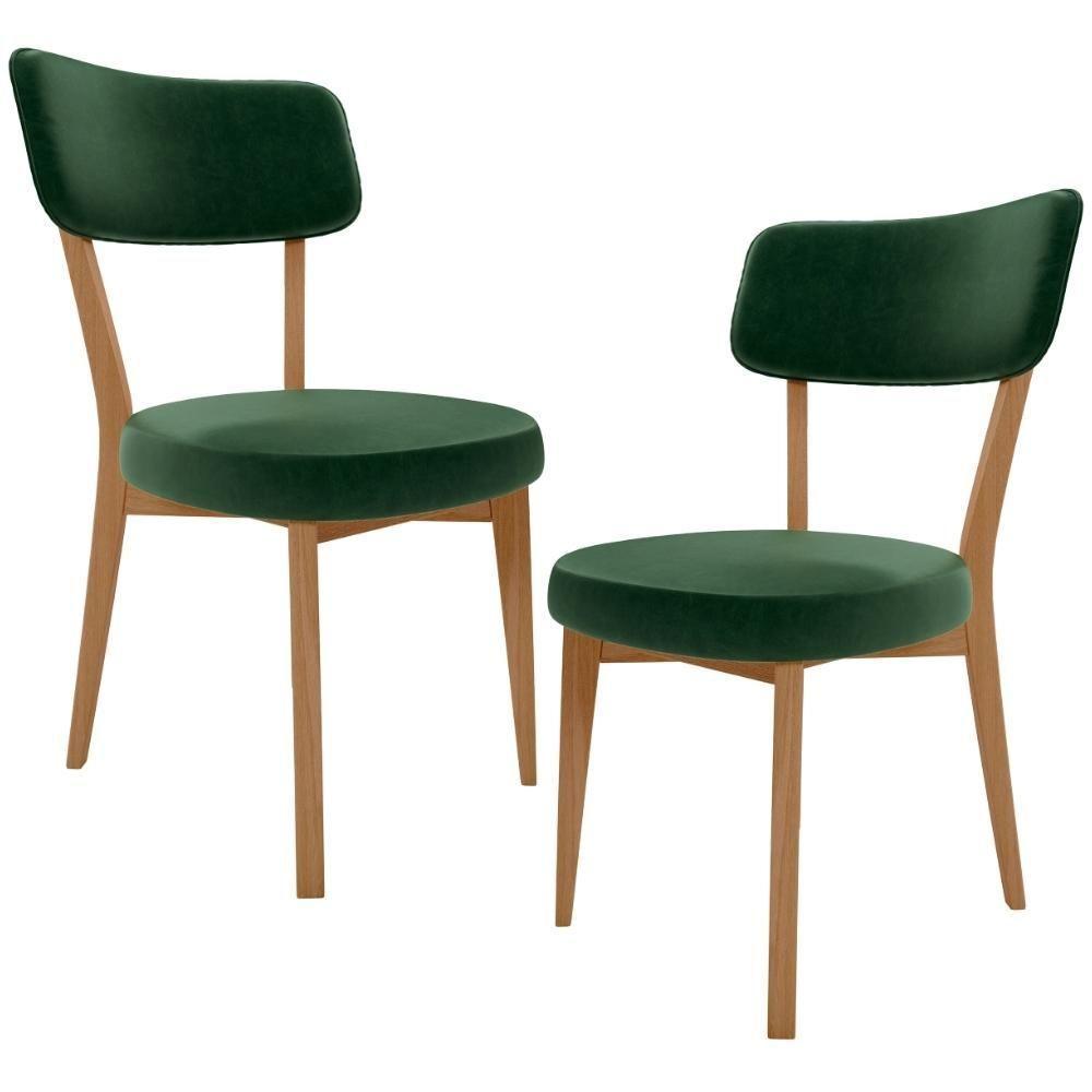 Kit 02 Cadeiras Decorativa Estofada Sala Jantar Base Madeira Roy L02 Couríssimo Verde Musgo - Lyam - 1
