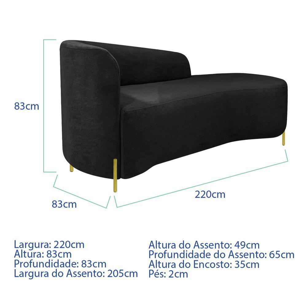 Divã Recamier Orgânico França 220cm Lado Dir Pés Metal Dourado Bouclé Cor Preto - 7