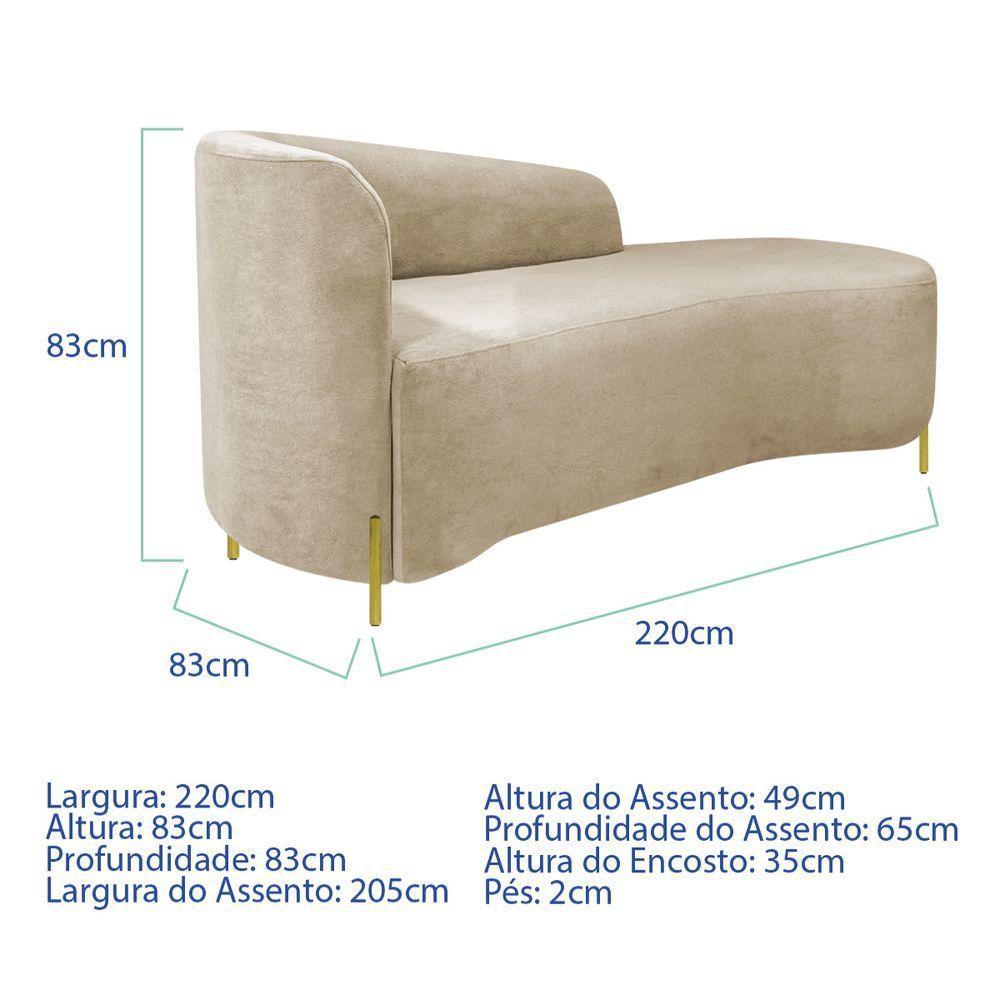 Divã Recamier Orgânico França 220cm Lado Dir Pés Metal Dourado Bouclé Cor Bege - 1