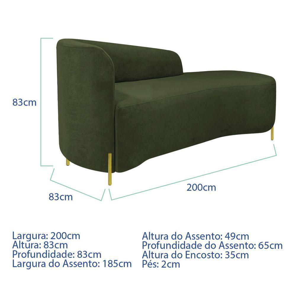 Divã Recamier Orgânico França 200cm Lado Dir Pés Metal Dourado Linho Cor Verde - 6