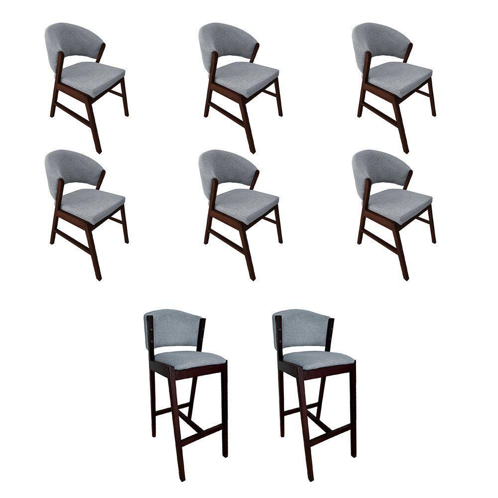Kit 6 Cadeiras De Jantar Debora Com 2 Banquetas Ana Madeira Maciça Castanho Premium Linho Cinza - 1