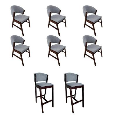 Kit 6 Cadeiras De Jantar Debora Com 2 Banquetas Ana Madeira Maciça Castanho Premium Linho Cinza