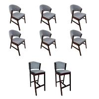 Kit 6 Cadeiras De Jantar Debora Com 2 Banquetas Ana Madeira Maciça Castanho Premium Linho Cinza - 1