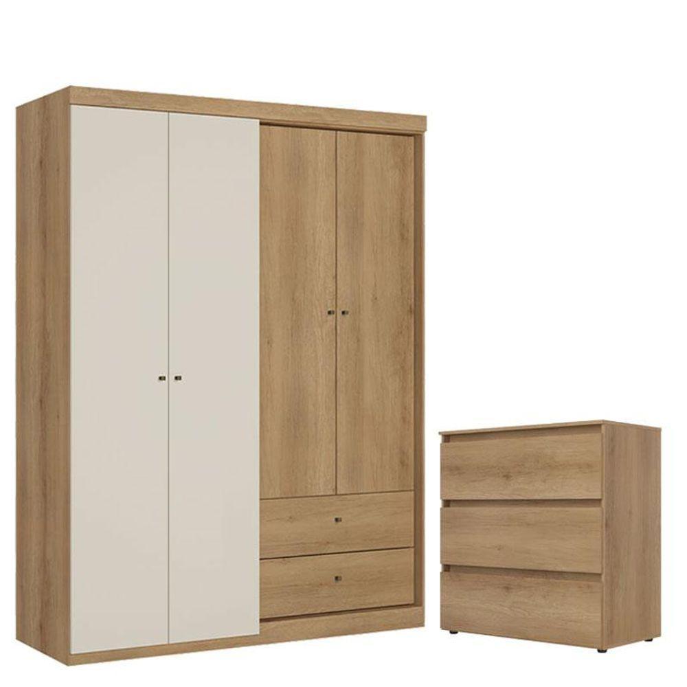Guarda Roupa Solteiro Star 4 Portas Capuccino Off White E Cômoda Gaveteiro Condessa Capuccino Acetinado - Thb - 1