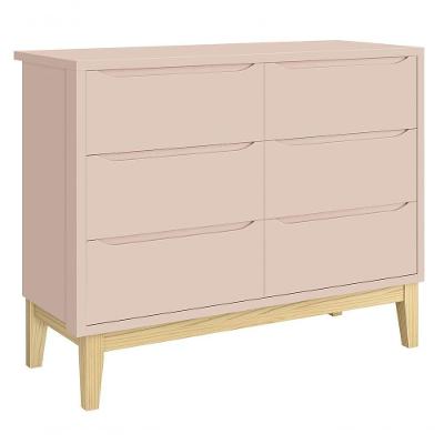 Cômoda Classic New 6 Gavetas em MDF com Puxador Embutido Rosa Fosco com Natural