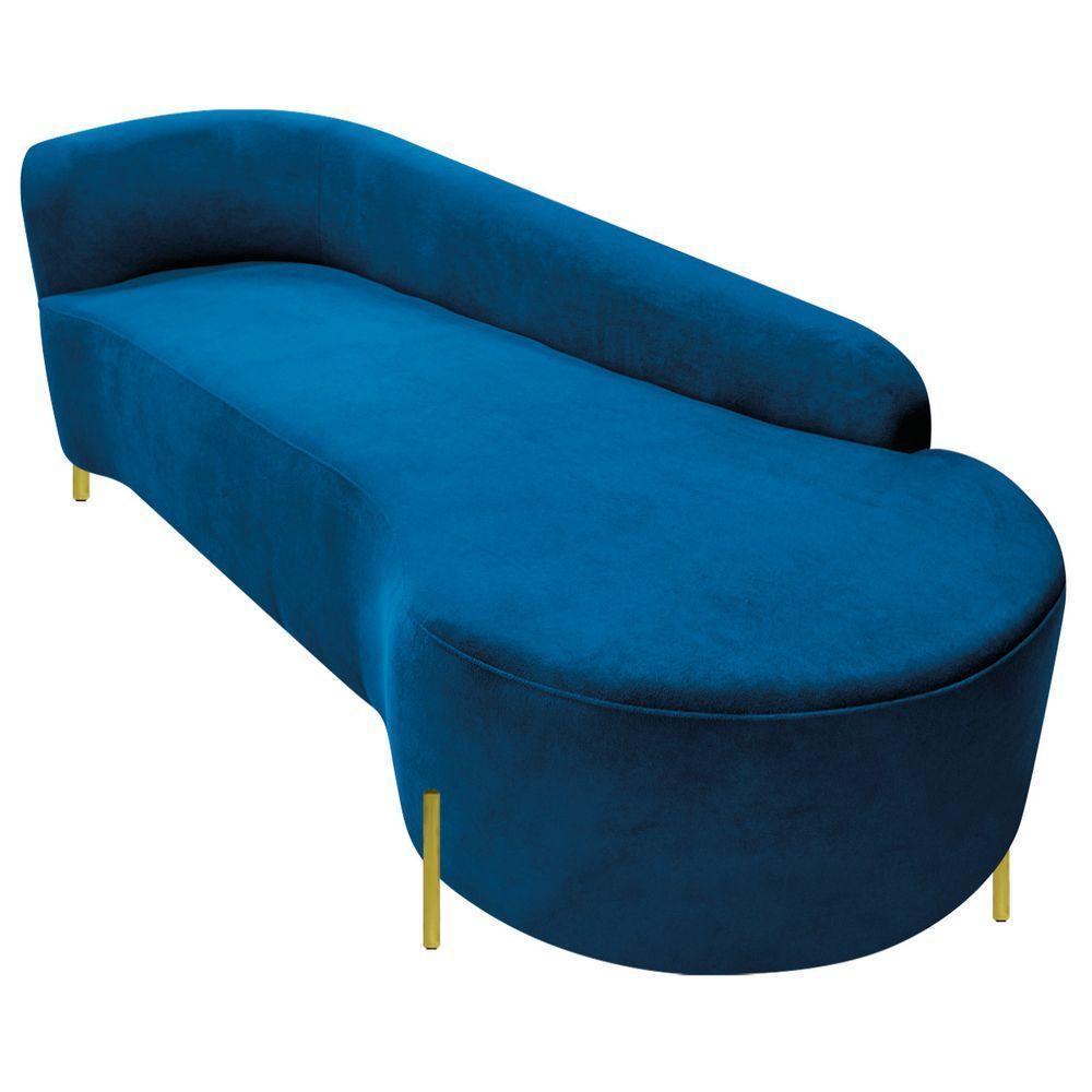 Divã Recamier Orgânico França 200cm Lado Dir Pés Metal Dourado Linho Cor Azul Royal - 3