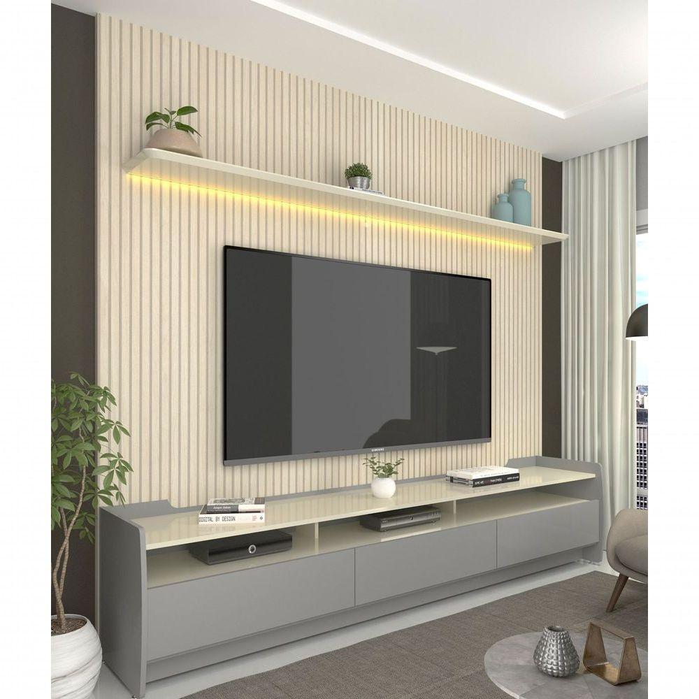 Rack Com Painel Sublime 2.2 Ripado 3d Com Led Cinza Com Off White - Gelius Móveis - 2