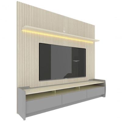 Rack Com Painel Sublime 2.2 Ripado 3d Com Led Cinza Com Off White - Gelius Móveis