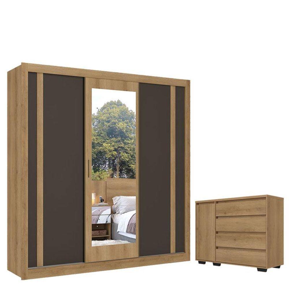 Guarda Roupa Casal Ibiza Glass 3 Portas Capuccino Cacau Off White Flex E Cômoda Com Porta Aurora Cappuccino - Thb - 1