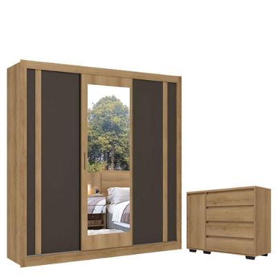 Guarda Roupa Casal Ibiza Glass 3 Portas Capuccino Cacau Off White Flex E Cômoda Com Porta Aurora Cappuccino - Thb