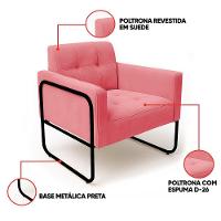 Poltrona Sala Industrial Alta Tubo Preto Kit 2 Elisa Suede Rosê D03 - D'rossi - 3